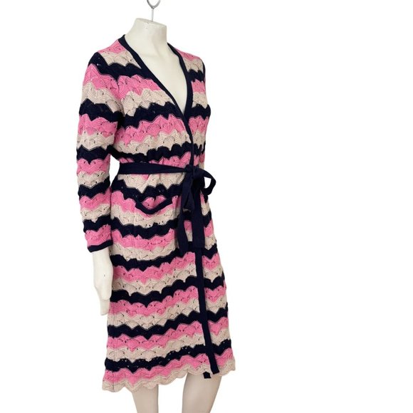 LAURIE FELT Pointelle Knit Belted Duster Cardigan  Navy Pink Beige SZ MP - Picture 6 of 13